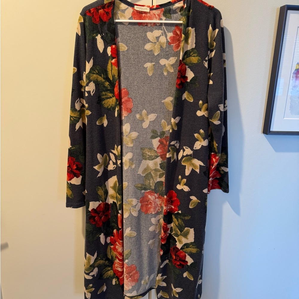 Chic Soul Floral Long Cardigan - Red, Green, Cream